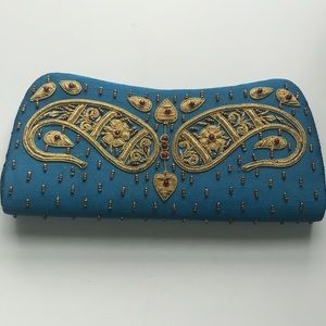 Blue, gold beaded detailed clutch